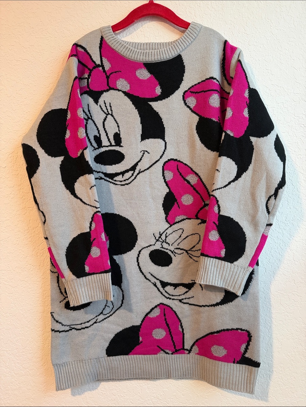 Disney Minnie Mouse Crewneck Sweater Dress in Gray, Pink & Black